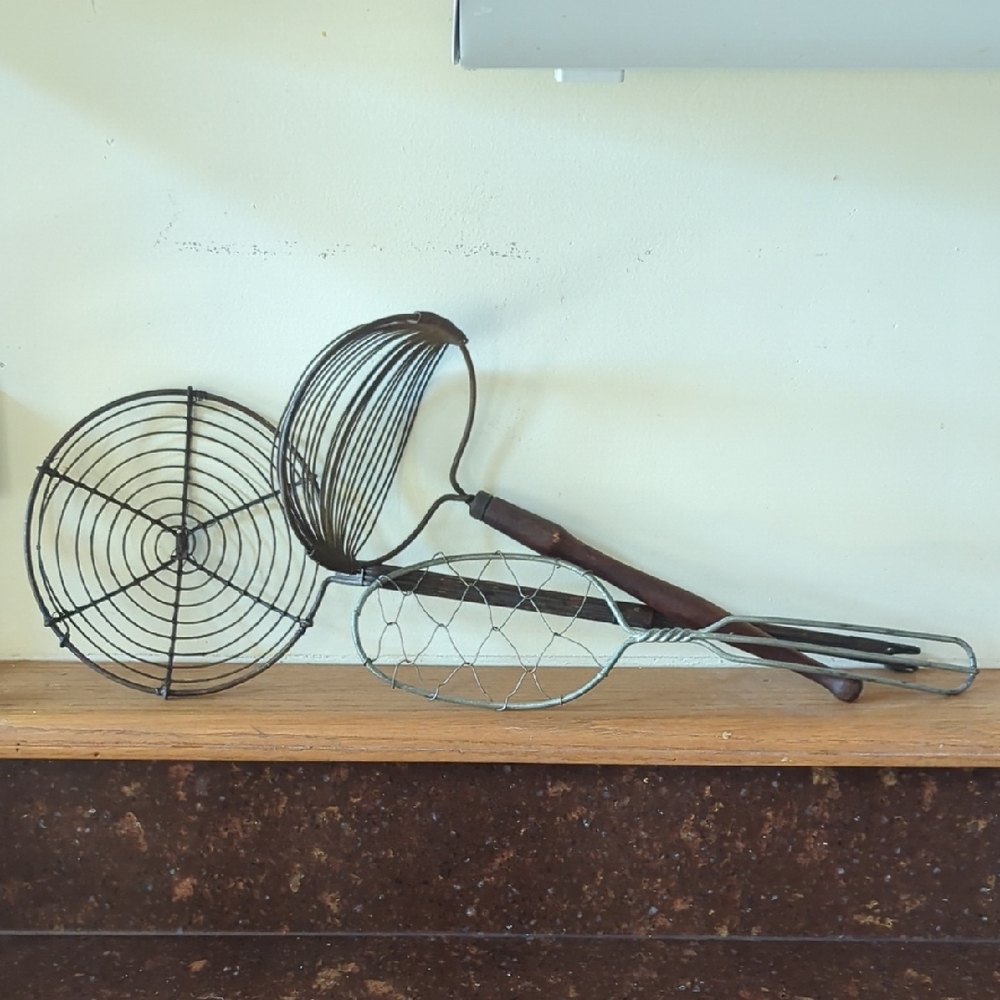 Vintage Stainless Steel Utensils Egg Beater, Egg Strainer, Strainer